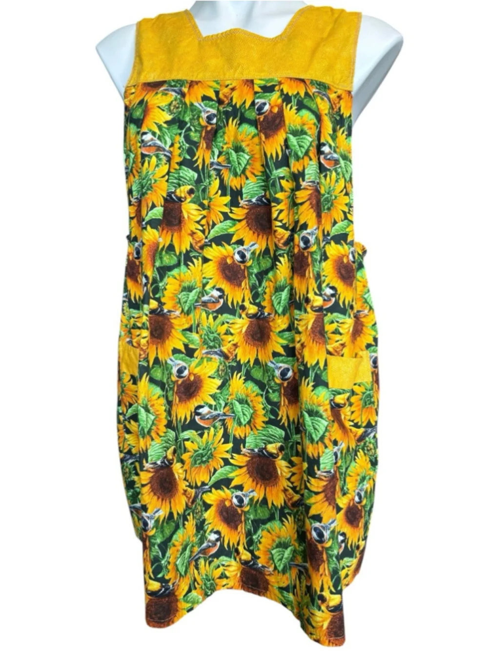 Handmade Sunflower Bird Print Smock Apron Pinafore Open Back Pockets Vintage